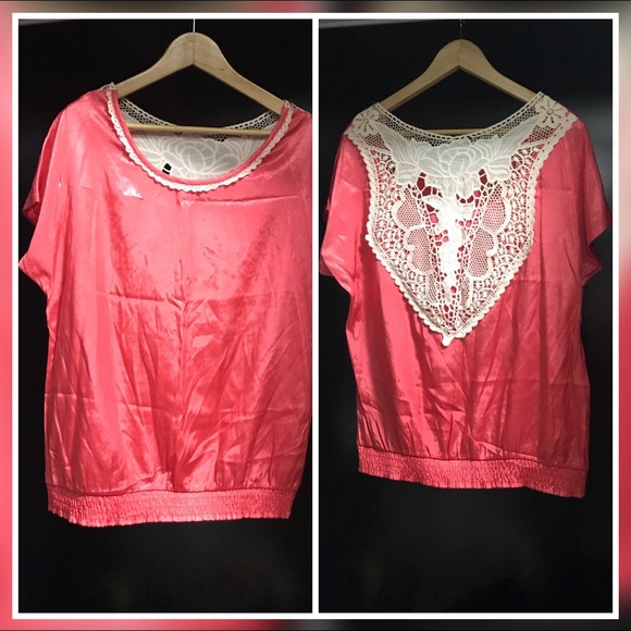 Yuko Back Net lace Design Peach shiny top - Picture 1 of 6